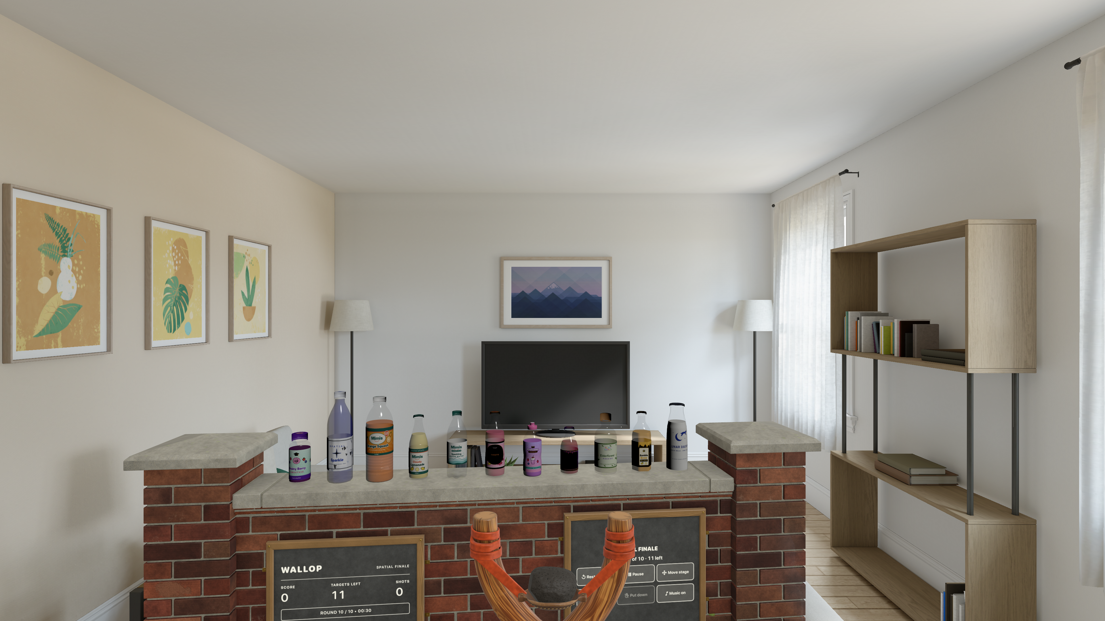 Spatial Finale brick wall and bottle targets placed inside a living room